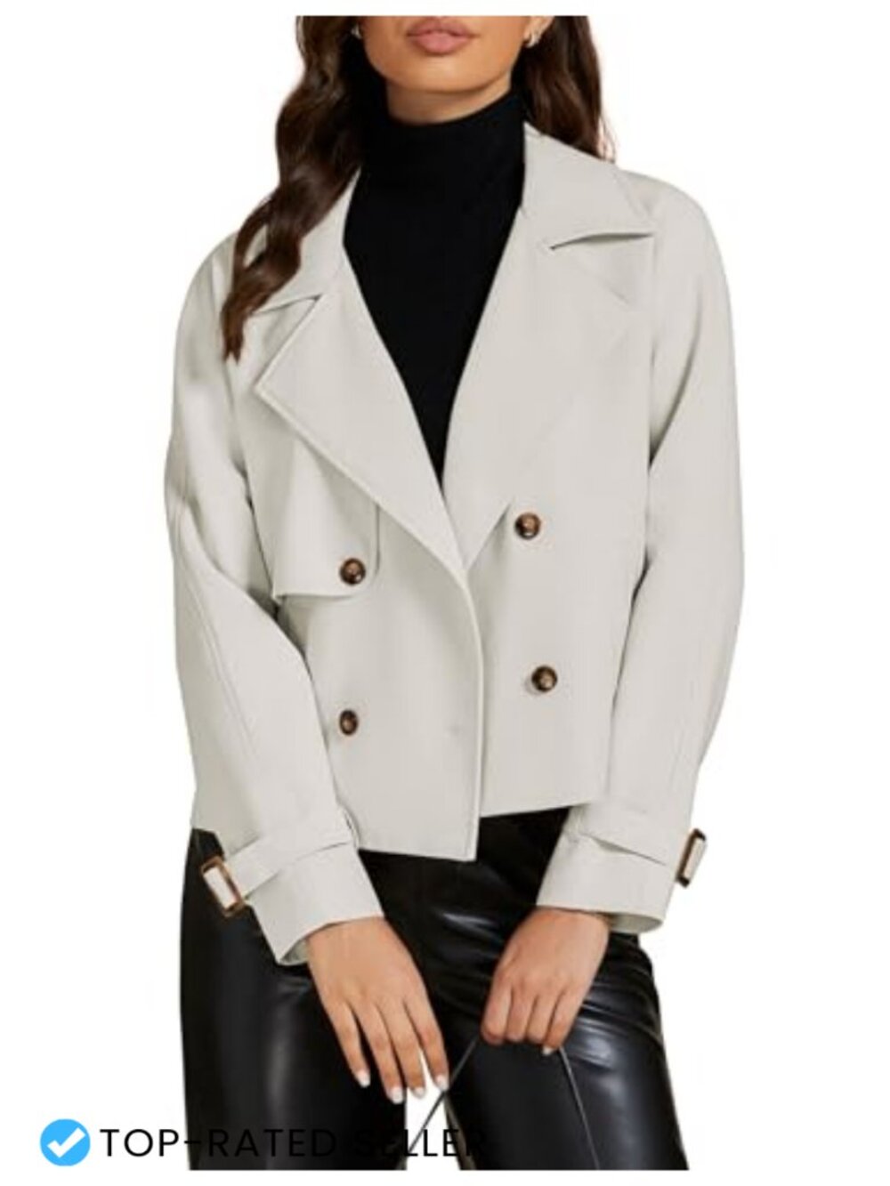 Cropped Trench Coat Women Long Sleeve Double Breasted Loose Fit Jacket Pockets